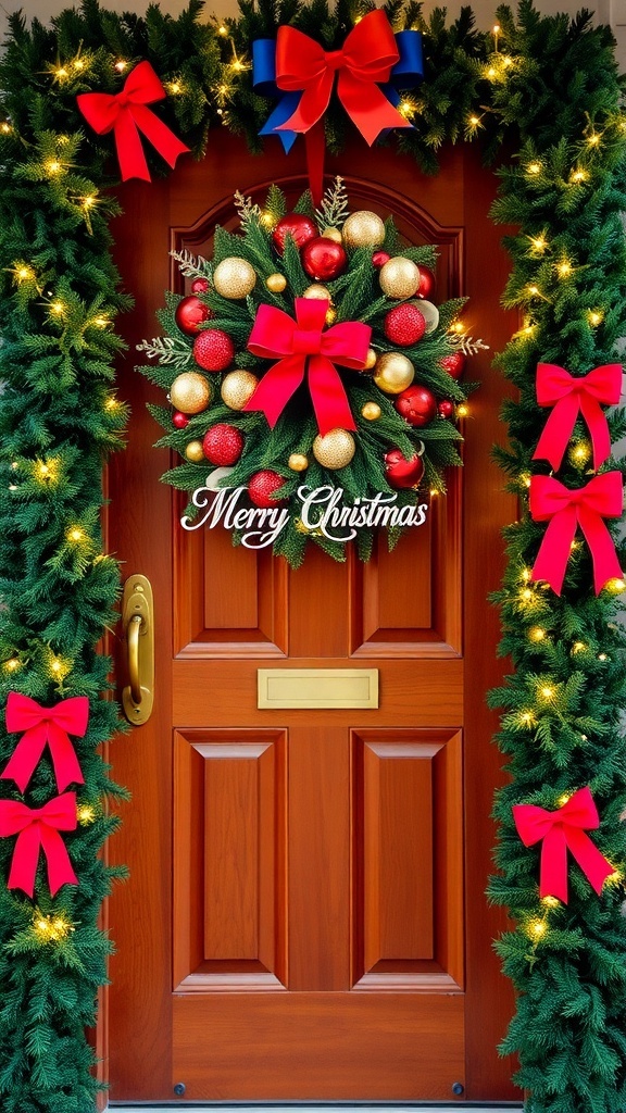 A festive Christmas door decorated with a wreath, lights, and garlands.